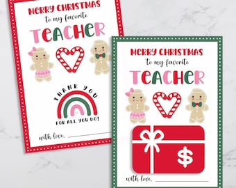 PRINTABLE Christmas Gift Card Holder for Teacher, Merry Christmas Kids DIY Thank You, Teacher Appreciation Holiday Card, Cute Gingerbread