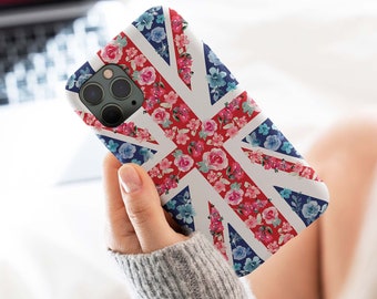 British Flag Phone Case, Watercolor Floral Union Jack Phone Cover, English Rose Art, Girly Anglophile Gift, Patriotic United Kingdom Flag