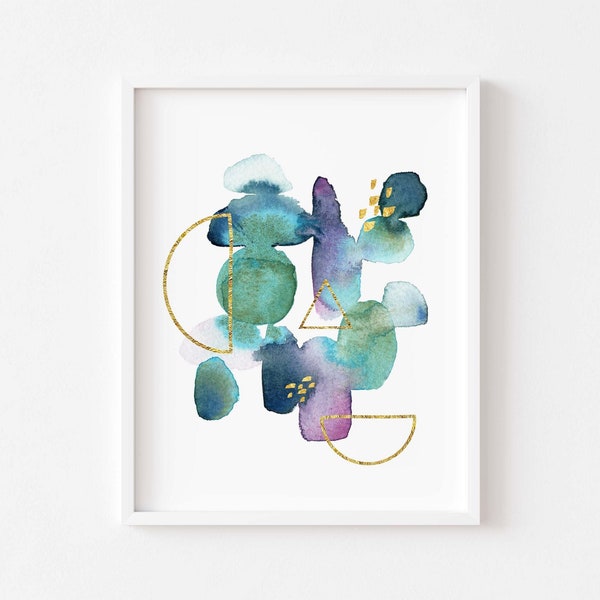 Jewel Tone Watercolor Abstract Art Print, Modern Vibrant Wall Art, Gold Emerald Amethyst Geometric Wall Decor, Minimalist Bold Gem Shapes