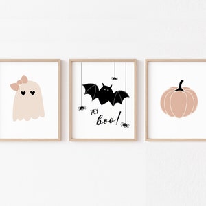 Boho Halloween Nursery Wall Art PRINTABLE, Cute Girls Room Halloween Print Set, Pink Pumpkin Kids Decor, Digital Hey Boo Baby Ghost and Bat