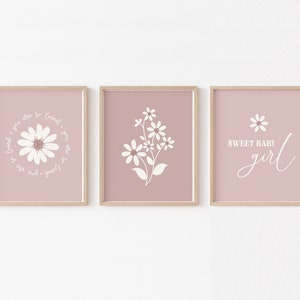 Neutral Daisy Nursery Wall Art, You Are So Loved Modern Daisy Decor, Boho Floral Print Set of 3, Mauve Wildflower Scandi Kids Room PRINTABLE