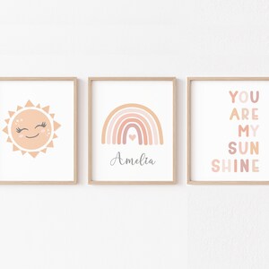 Arte de pared neutro para guardería, juego de 3 impresiones "You Are My Sunshine", decoración bohemia para habitación de niñas con sol sonriente, arcoíris personalizado escandinavo para niños, imprimible