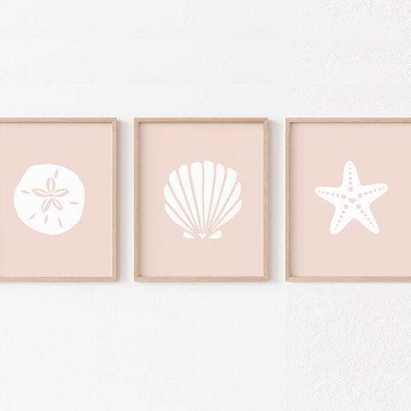 Blush Coastal Nursery Wall Art PRINTABLE, Pink Seashell Girls Room Print Set, Starfish Sand Dollar Kids Decor, Digital Boho Minimalist Beach