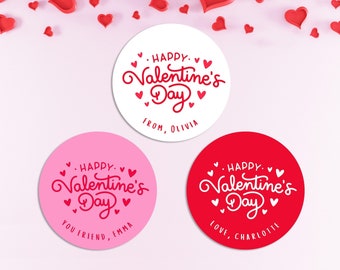 Personalized Valentine Stickers with Name, Minimalist Valentine's Day Treat Bag Labels, Cute Simple Favors, Red Hot Pink Heart Sticker Tags