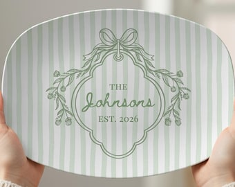 Personalized Sage Green Platter, Trendy Mr. and Mrs. Wedding Gift, Custom Family Name Plate, Unique Bridal Shower Coquette Bow Stripe