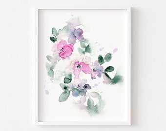 Soft Pink and Green Loose Watercolor Art Print, Modern Abstract Floral Wall Art, Pastel Botanical Print, Peony Painting Bedroom Wall Decor