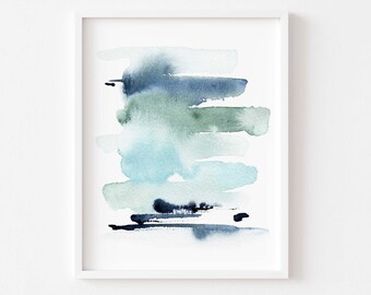 Watercolor Abstract Art Print, Blue Modern Minimalist Wall Art, Ombre Ocean Abstract Art, Calming Coastal Wall Art Print, Beach House Decor