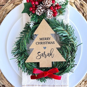 Kraft Christmas Place Cards, Christmas Tree Name Tags, Personalized Holiday Table Decor, Custom Rustic Table Setting, Ornament Shape Tags