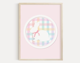 Gingham Easter Bunny PRINTABLE, Pastel Easter Nursery Wall Art, Retro Kids Easter Decor Digital, Cute Boho Pink Rainbow Plaid Easter Baby