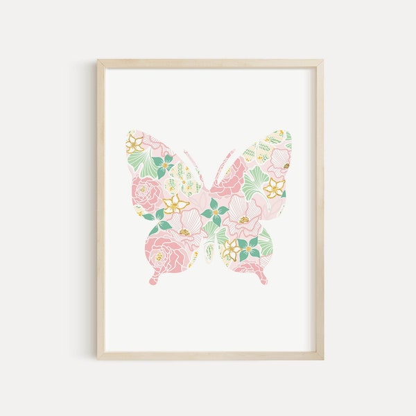 Pastel Pink Butterfly PRINTABLE, Blush Sage Flower Nursery Decor, Modern Floral Butterfly Spring Wall Art, Neutral Beige Gold Teen Bedroom