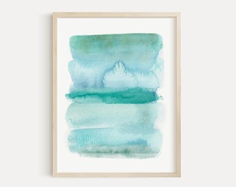 Teal Blue Coastal Wall Art, Ocean Abstract Watercolor Brushstroke Painting, Turquoise Seascape Beach House Decor, MInt Green Sage Landscape