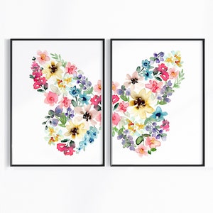 Butterfly Nursery Print Set of 2, Colorful Floral Girls Room Decor, Boho Daisy Wildflower Wall Art, Butterfly Watercolor Painting for Teens