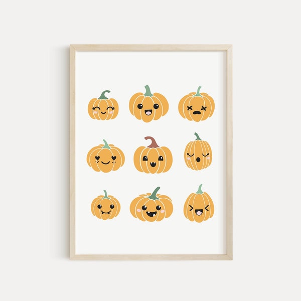 Kids Pumpkin Wall Art PRINTABLE, Cute Fall Nursery Decor, Bright Pumpkin Face Halloween Digital Print, Jack O Lantern Thanksgiving Decor