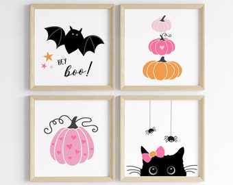 Halloween Nursery Wall Art PRINTABLE, Cute Girls Room Halloween Print Set, Orange Pink Pumpkin Kids Decor, Digital Hey Boo Black Cat and Bat