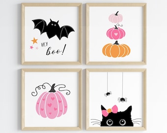 Halloween Nursery Wall Art PRINTABLE, Cute Girls Room Halloween Print Set, Orange Pink Pumpkin Kids Decor, Digital Hey Boo Black Cat and Bat