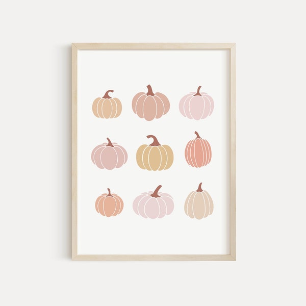 Boho Pumpkins Wall Art PRINTABLE, Neutral Pink Thanksgiving Decor, Mustard Pastel Fall Print, Modern Minimalist Girl Nursery Autumn Digital