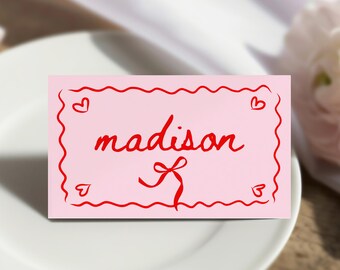 PRINTABLE Valentine Name Cards, Pink Red Galentine Coquette Bow Table Card Digital, Girly Personalized Party Name Tags, Canva Template