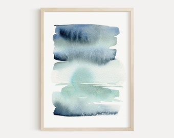 Ocean Abstract Watercolor Print, Blue Green Coastal Wall Art, Abstract Waves Painting, Navy Lake House Wall Art, Seascape Beach House Decor