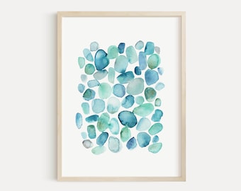 Abstract Coastal Wall Art, Sea Glass Beach House Decor, Watercolor Ocean Abstract Painting, Blue Green Seaside Art, Turquoise Mint Nautical