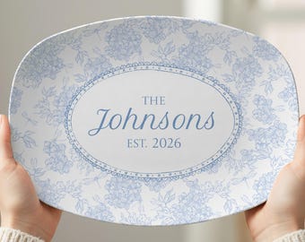 Personalized Blue Floral Toile Platter, Trendy Mr. and Mrs. Wedding Gift, Custom Family Name Plate, Unique Bridal Shower, Sage Green Mauve