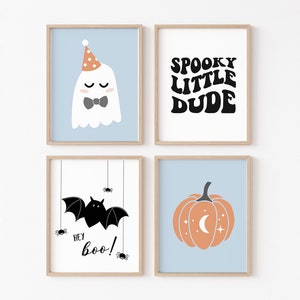 Boy Nursery Halloween Wall Art PRINTABLE, Spooky Little Dude Blue Halloween Print Set, Pumpkin Kids Decor, Digital Hey Boo Baby Ghost Bat