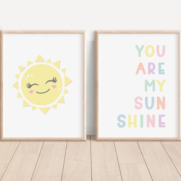 You Are My Sunshine Nursery Wall Art, Pastel Playroom Decor, Boho Smiling Sun Print Set of 2, Cute Sun Poster, Neutral Scandi Kids PRINTABLE