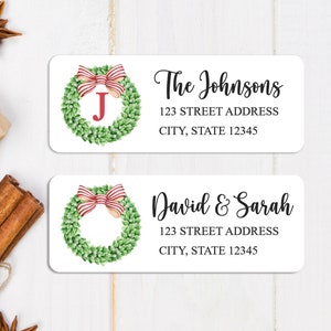 Holiday Return Address Labels, Personalized Envelope Stickers, Custom Initial Watercolor Wreath Red Vintage Bow, Elegant Christmas Seals