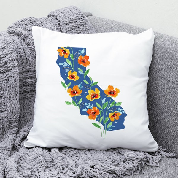 California Map Pillow, Flower State Throw Pillow, California Poppies Home Decor, Golden State Cushion, Decorative Pillow Housewarming Gift