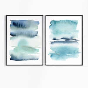 Blue Abstract Sea Art Print Set, Minimalist Modern Ocean Wave Wall Art ...