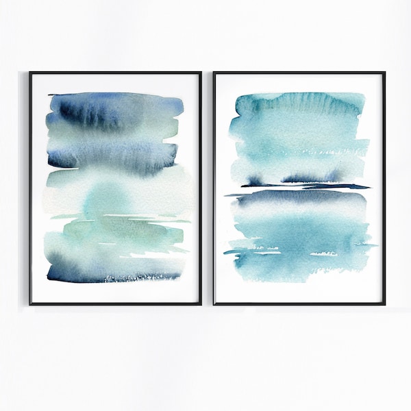 Blue Abstract Sea Art Print Set, Minimalist Modern Ocean Wave Wall Art, Navy Blue Indigo Beach House Decor, Coastal Watercolor Abstract