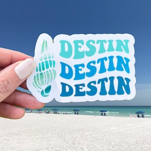 Destin Florida Vinyl Sticker, Vibrant Emerald Coast Sunshine State Decal, Teal Watercolor Seashell Florida Gift, Destin 30A Panhandle Beach