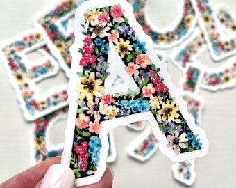 Floral Letter Sticker, Colorful Wildflower Initial Vinyl Decal, Watercolor Flower Monogram Gift, Boho Daisy Name Water Bottle Laptop Sticker