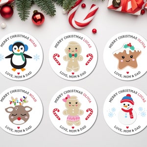 Personalized Christmas Stickers for Kids, Custom Merry Christmas Labels with Name, Gingerbread Boy Girl Penguin Snowman Reindeer, Gift Wrap