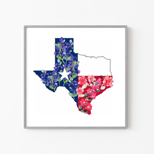 Texas Map Art Print, Flower State Wall Art, Watercolor Floral Lone Star State Decor, Bluebonnet Texas Wildflowers Poster, Housewarming Gift