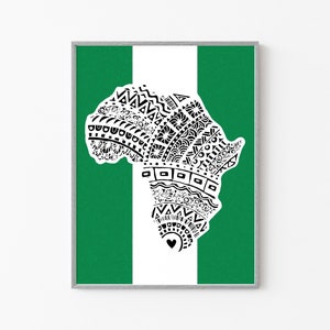 Nigeria Flag Art PRINTABLE, African Map Travel Wall Print, Black and White Tribal Africa Poster, Digital Modern Home Decor, Nigerian Gifts