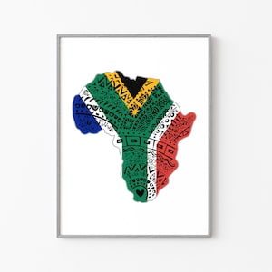 Arte de Sudáfrica IMPRIMIBLE, Impresión de pared de viaje de la bandera de Sudáfrica, Mapa étnico tribal de África, Decoración moderna del Ministerio del Interior, Arte digital de Ciudad del Cabo