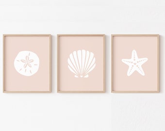 Blush Coastal Nursery Wall Art PRINTABLE, Pink Seashell Girls Room Print Set, Starfish Sand Dollar Kids Decor, Digital Boho Minimalist Beach
