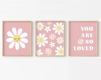Daisy Nursery Wall Art, You Are So Loved Modern Daisy Decor, Digital Pink Floral Print Set of 3, Cute Wildflower Scandi Girls Room PRINTABLE