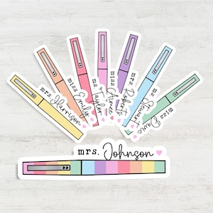 May include: A set of colorful marker stickers with names written on them. The names include "Mrs. Harrison", "Miss Emily", "Ms. Taylor", "Miss Aimee", "Mrs. Roberts", "Miss Davie", and "Mrs. Johnson".