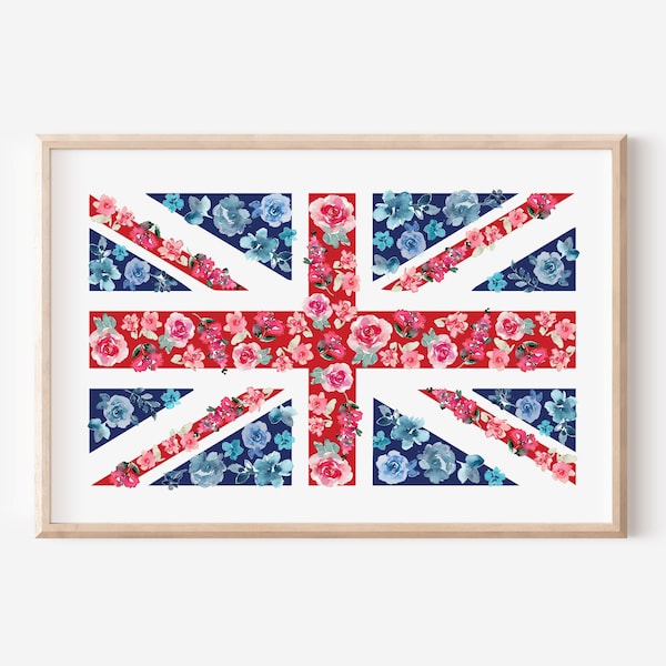 British Flag Watercolor Print, Floral Union Jack Wall Art, UK Patriotic Artwork, England Gift Home Decor, English Rose United Kingdom Flag