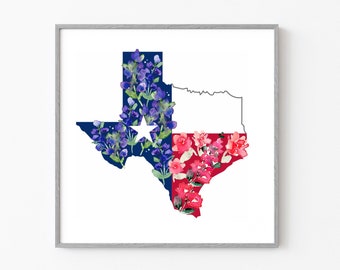 Texas Map Art Print, Flower State Wall Art, Watercolor Floral Lone Star State Decor, Bluebonnet Texas Wildflowers Poster, Housewarming Gift