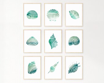 Blue Green Seashell Print Set, Watercolor Coastal Gallery Wall Art, Nautical Nursery Decor, Modern Minimalist Summer Art, Beach Home Decor