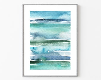Ocean Abstract Watercolor Print, Blue Green Coastal Wall Art, Sea Glass Abstract Painting, Lake House Wall Art, Seascape Beach House Decor