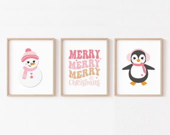 Pink Christmas Nursery Wall Art PRINTABLE, Cute Holiday Print Set for Girls, Digital Minimalist Merry Christmas Decor, Winter Penguin Print