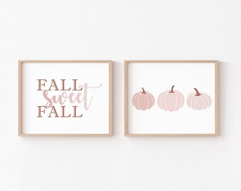 Boho Pink Pumpkin Wall Art PRINTABLE, Pastel Sweet Fall Print Set, Neutral Thanksgiving Decor, Modern Minimalist Rustic Girl Nursery Digital