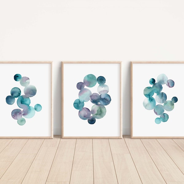 Indigo Purple Print Set of 3, Abstract Circle Prints, Modern Geometric Nordic Wall Art, Navy Blue Green Watercolor Set, Coastal Bubble Decor