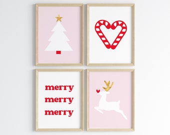 Pink Christmas Nursery Wall Art PRINTABLE, Cute Holiday Print Set for Girls, Merry Christmas Kids Decor, Digital Minimalist Xmas Print Set