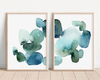 Blue Green Abstract Art Print Set, Watercolor Seaglass Coastal Wall Art, Minimalist Modern Pebble Organic Shapes, Indigo Beach House Decor