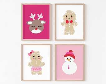 Pink Christmas Nursery Wall Art PRINTABLE, Cute Holiday Kids Decor, Digital Gingerbread Reindeer Snowman Xmas Playroom Print Set for Girls