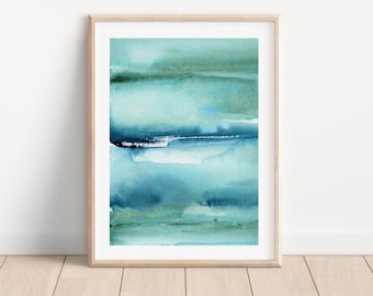 Watercolor Abstract Art Print, Blue Green Coastal Wall Art, Modern Ocean Abstract Art, Beach House Decor, Modern Minimalist Teal Painting